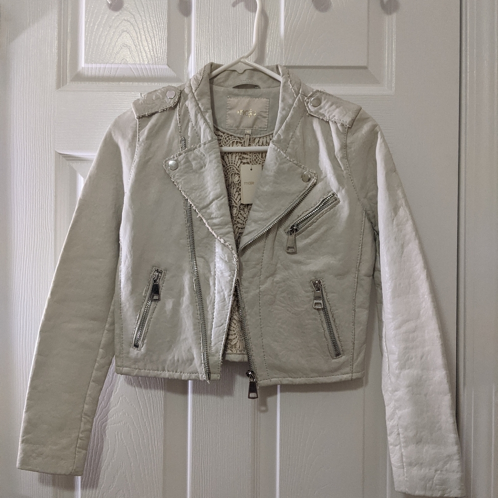 Cream Leather Jacket from Maje.